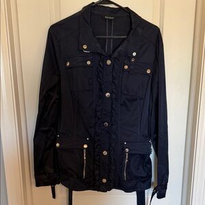 White House Black Market Navy Utility Jacket with Ruffle Trim